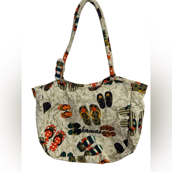 Rina Bahamas Flip Flop Pattern Canvas Tote Bag Zipper Top - Picture 1 of 10